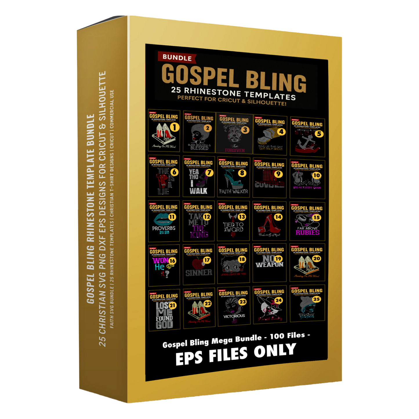 Gospel Bling Mega Rhinestone Template Bundle – 25 Christian ALL 100 FILES Designs (SVG, PNG, DXF, EPS)